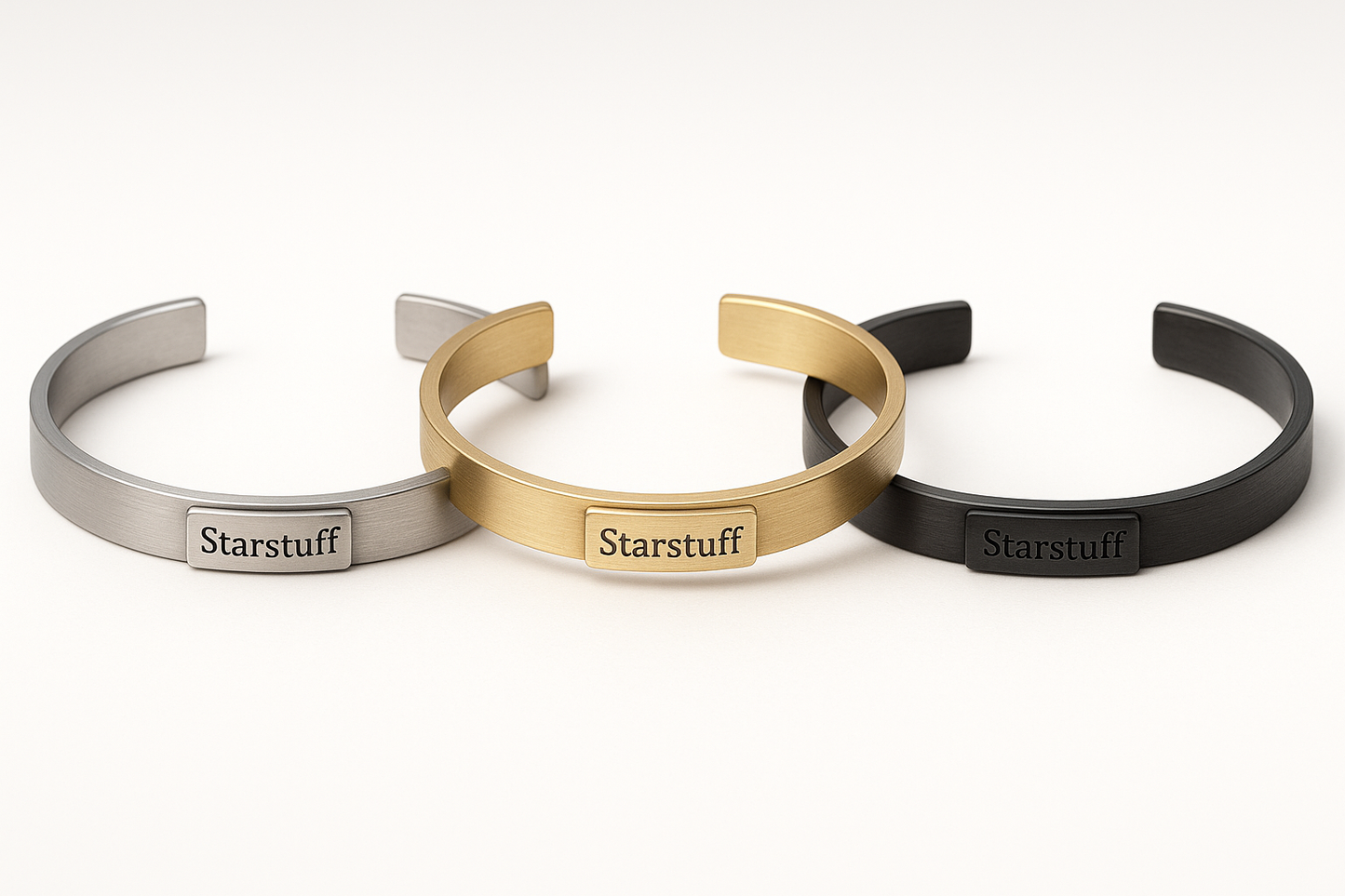 Starstuff Bracelet
A subtle reminder that we’re all made of cosmic dust — literally. Stainless steel with a brushed matte finish and engraved “Starstuff” tag. Comes in silver, gold, and black-hole black.