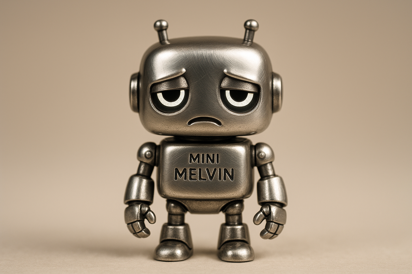 Mini Melvin the Morose Bot

Your pocket-sized mechanical companion who’s not thrilled about much — but still loyal to the end. He’s small, shiny, and mildly unimpressed by everything, just like any proper travel buddy should be.