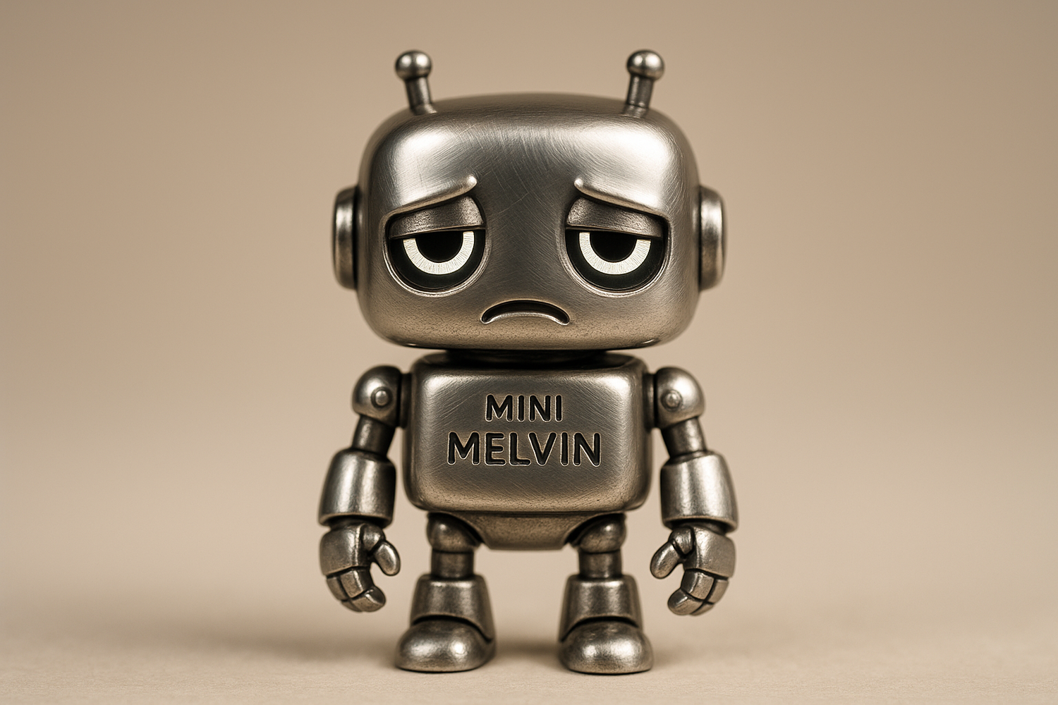Mini Melvin the Morose Bot

Your pocket-sized mechanical companion who’s not thrilled about much — but still loyal to the end. He’s small, shiny, and mildly unimpressed by everything, just like any proper travel buddy should be.