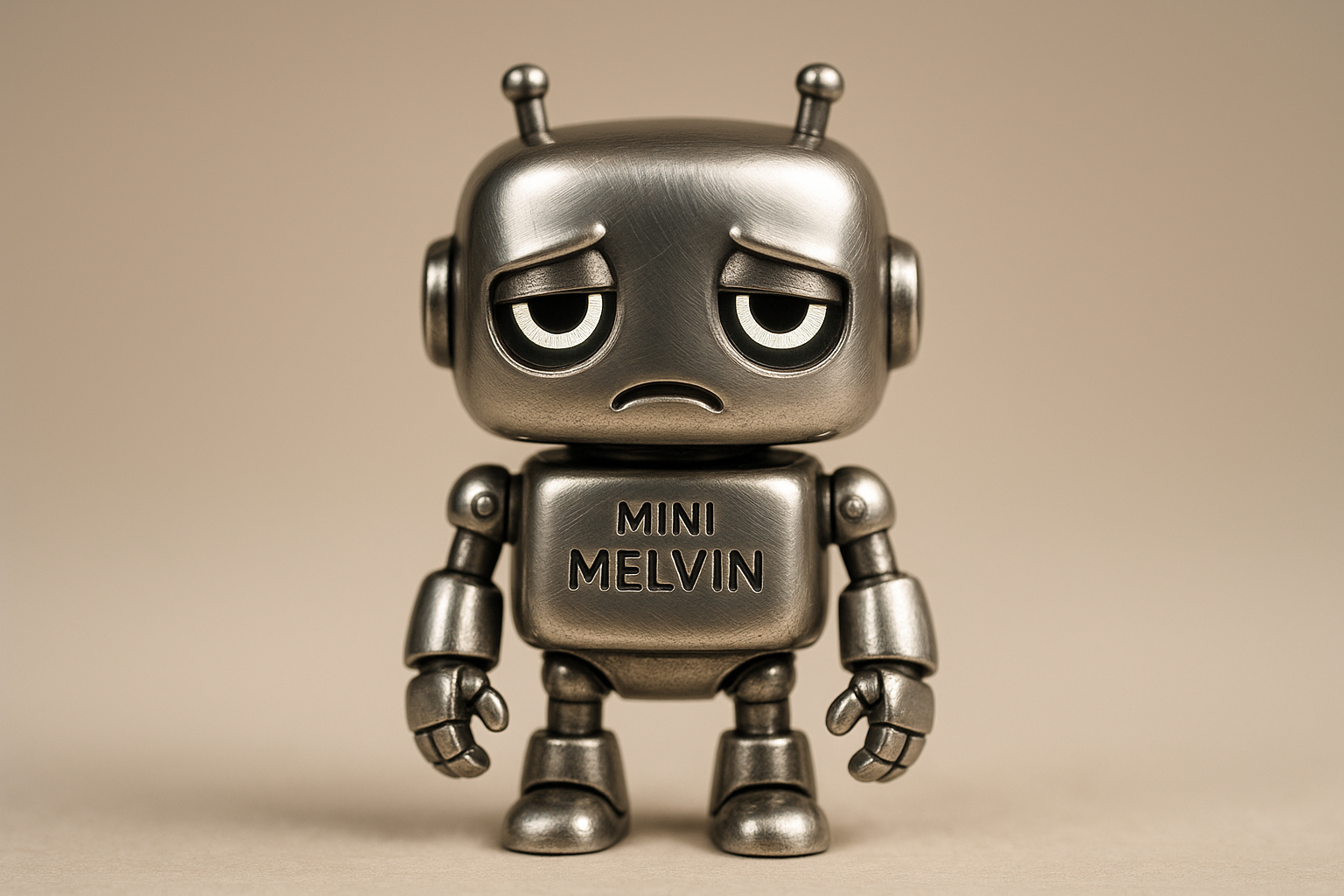 Mini Melvin the Morose Bot

Your pocket-sized mechanical companion who’s not thrilled about much — but still loyal to the end. He’s small, shiny, and mildly unimpressed by everything, just like any proper travel buddy should be.